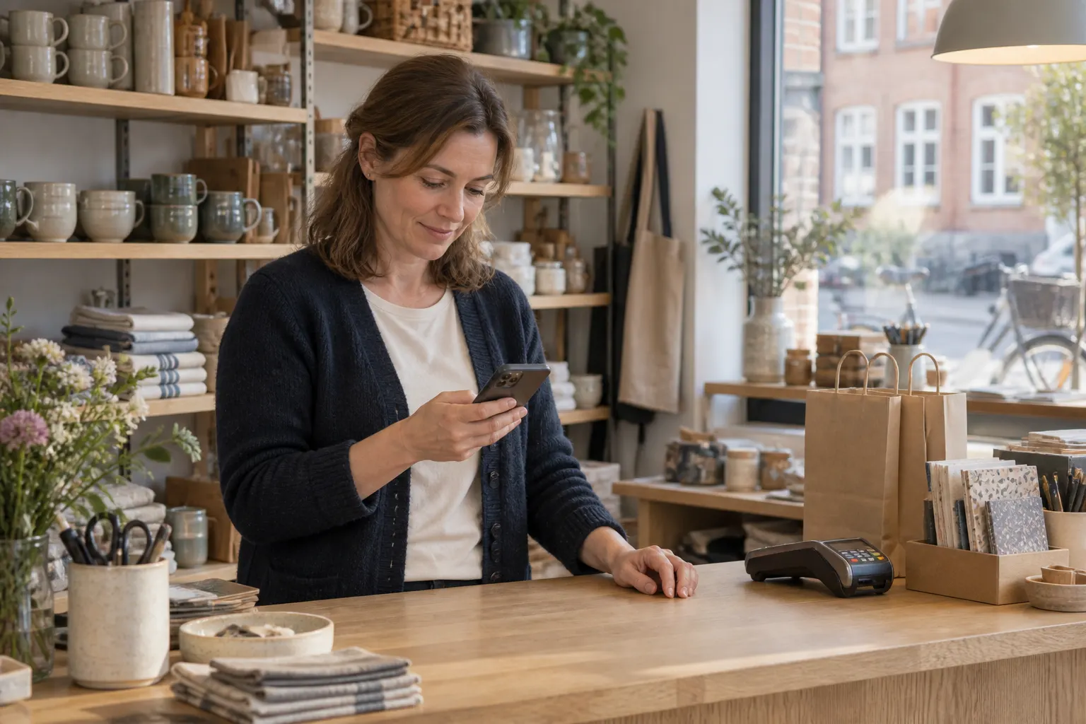 Butiksindehaver bag disken kigger på sin telefon