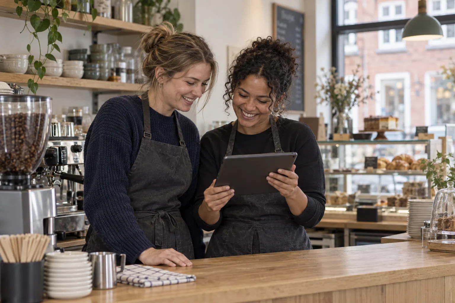 To kolleger bag disken i en café ser på en tablet sammen