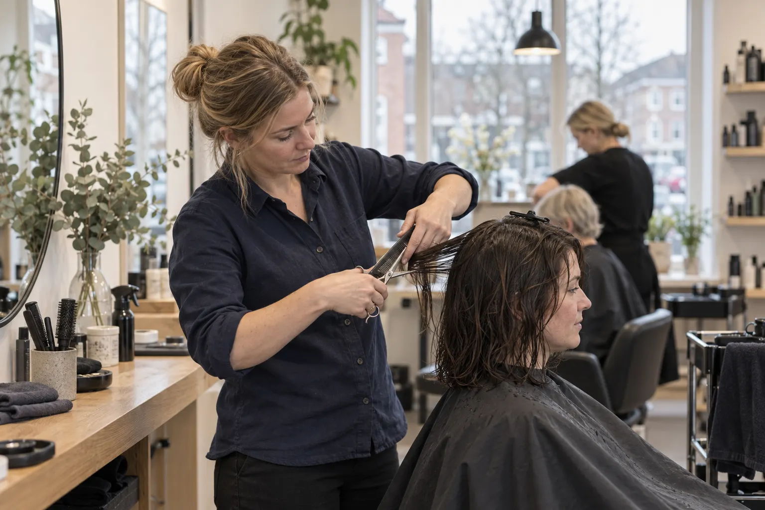Frisør klipper en kunde i en salon